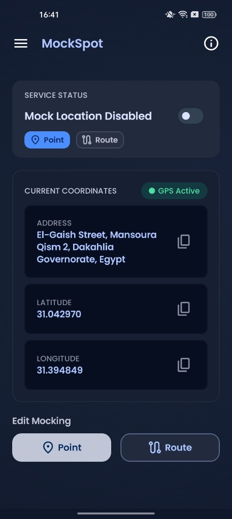 MockSpot home — service status and current coordinates