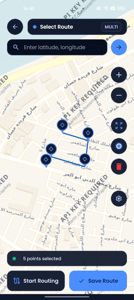 MockSpot route map — multi-waypoint path selection