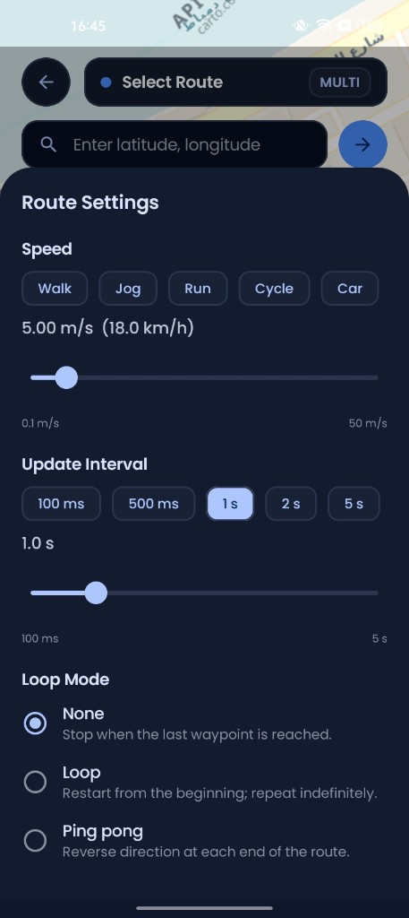 Route speed, interval, and loop settings