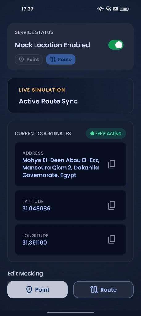 MockSpot with live route simulation active